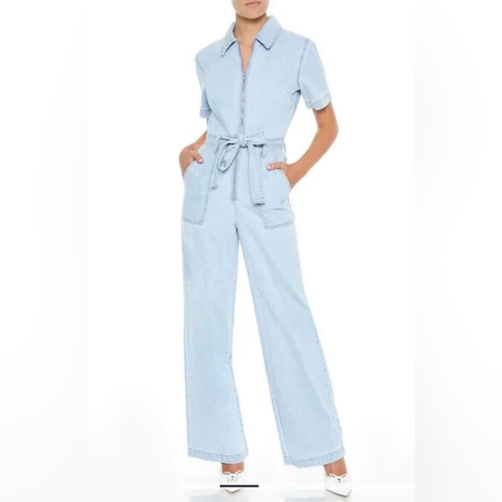 Forever 21 Zip Up Tie Front Denim Jumpsuit